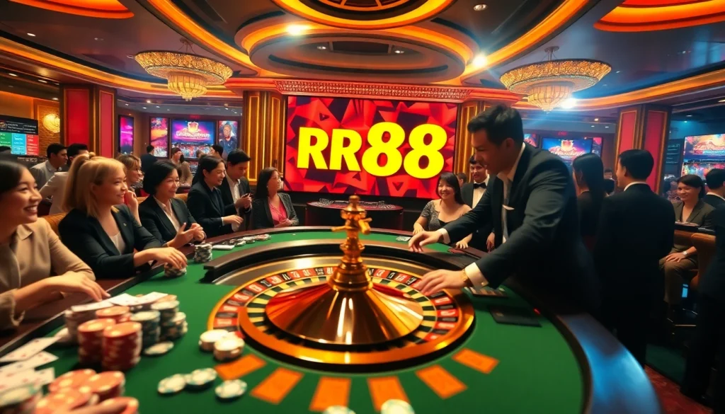 Exciting gaming scene at RR88 casino with roulette table and players engaging eagerly.