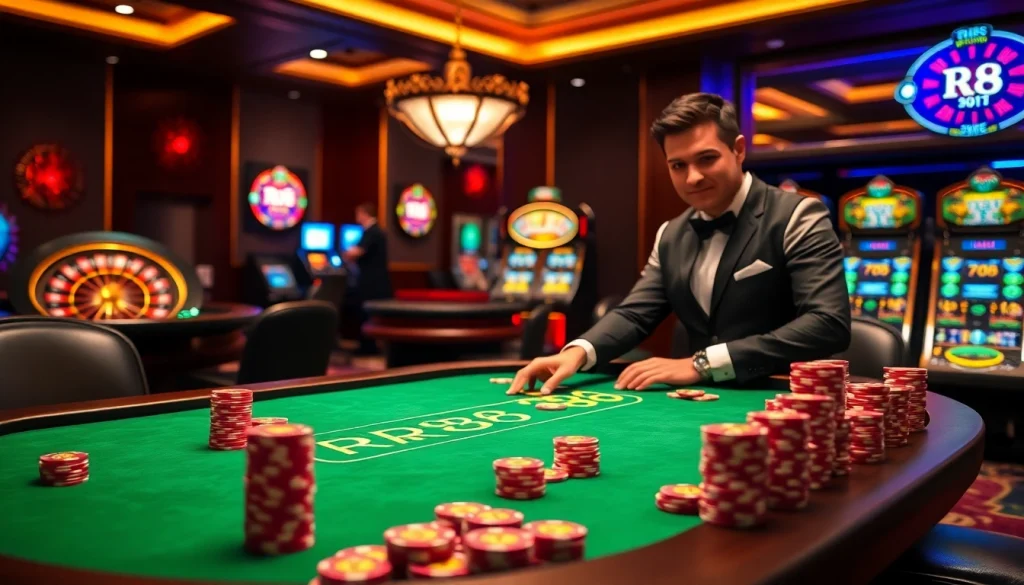 Engaged player at an RR88 casino table surrounded by poker chips and a roulette wheel.