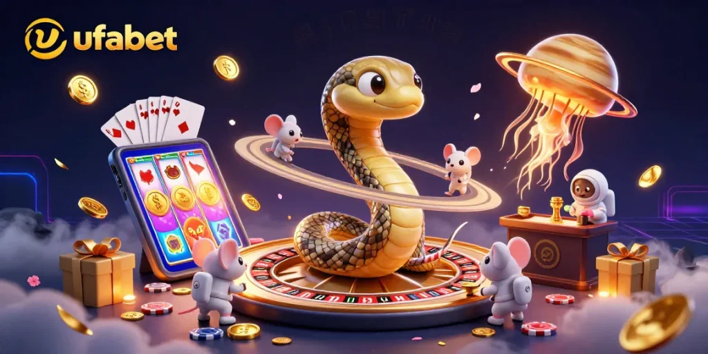 Bet on the vibrant ufabet casino scene with astronauts and a cosmic jellyfish dealer.