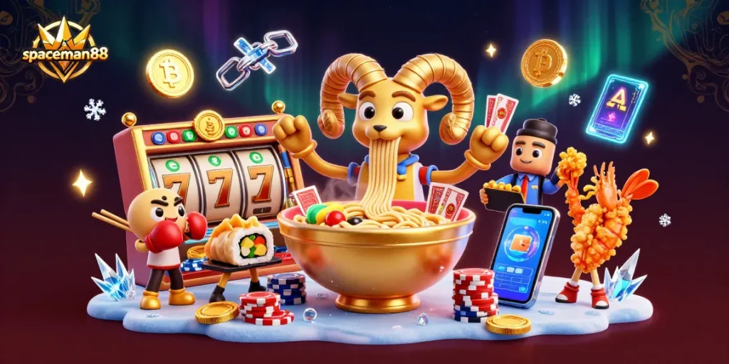 Play stunning slots at spaceman88 with a vibrant casino-themed 3D illustration showcasing characters and gaming elements.