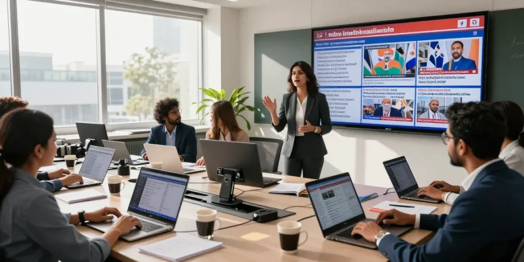 Journalists collaborating in a vibrant newsroom, highlighting news from https://www.theindaily.com