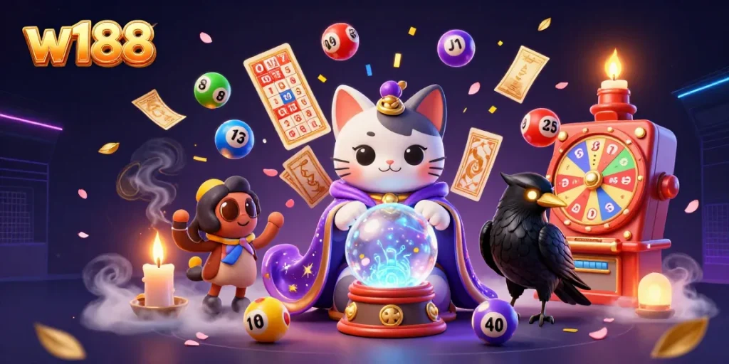 w188 players winning jackpots while enjoying vibrant games like slots and bingo in a mystical casino.