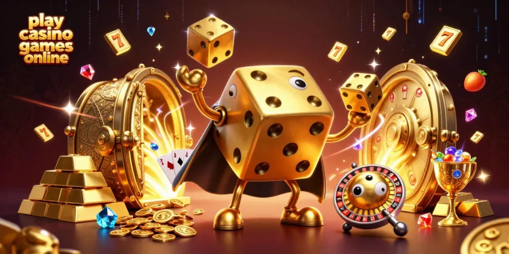 Play casino games online with a dynamic 3D illustration featuring golden dice, gems, and vibrant casino elements.