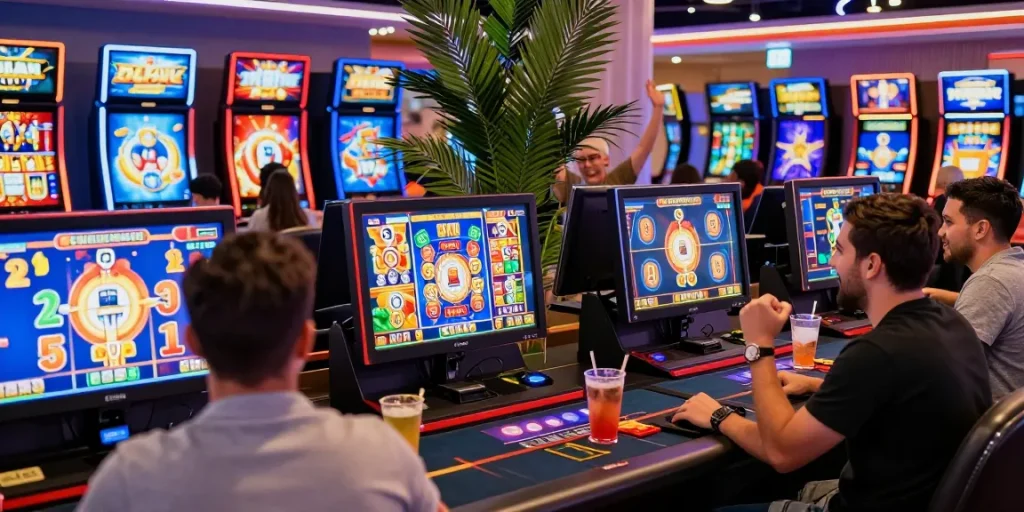 Experience the excitement at the best online casinos with players enjoying colorful slot games and vibrant atmosphere.